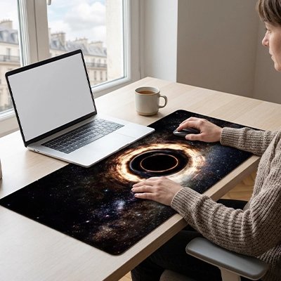 Sous main bureau femme devant fenêtre café